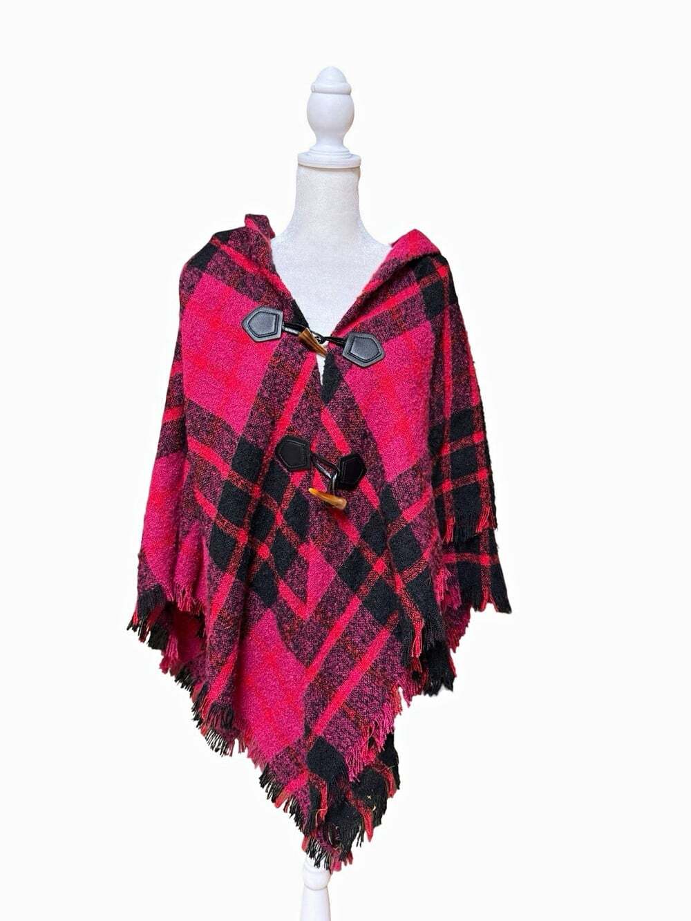 Juicy Couture Pink/Black Plaid Hooded Fringe Toggle Wrap Poncho Polyester OS